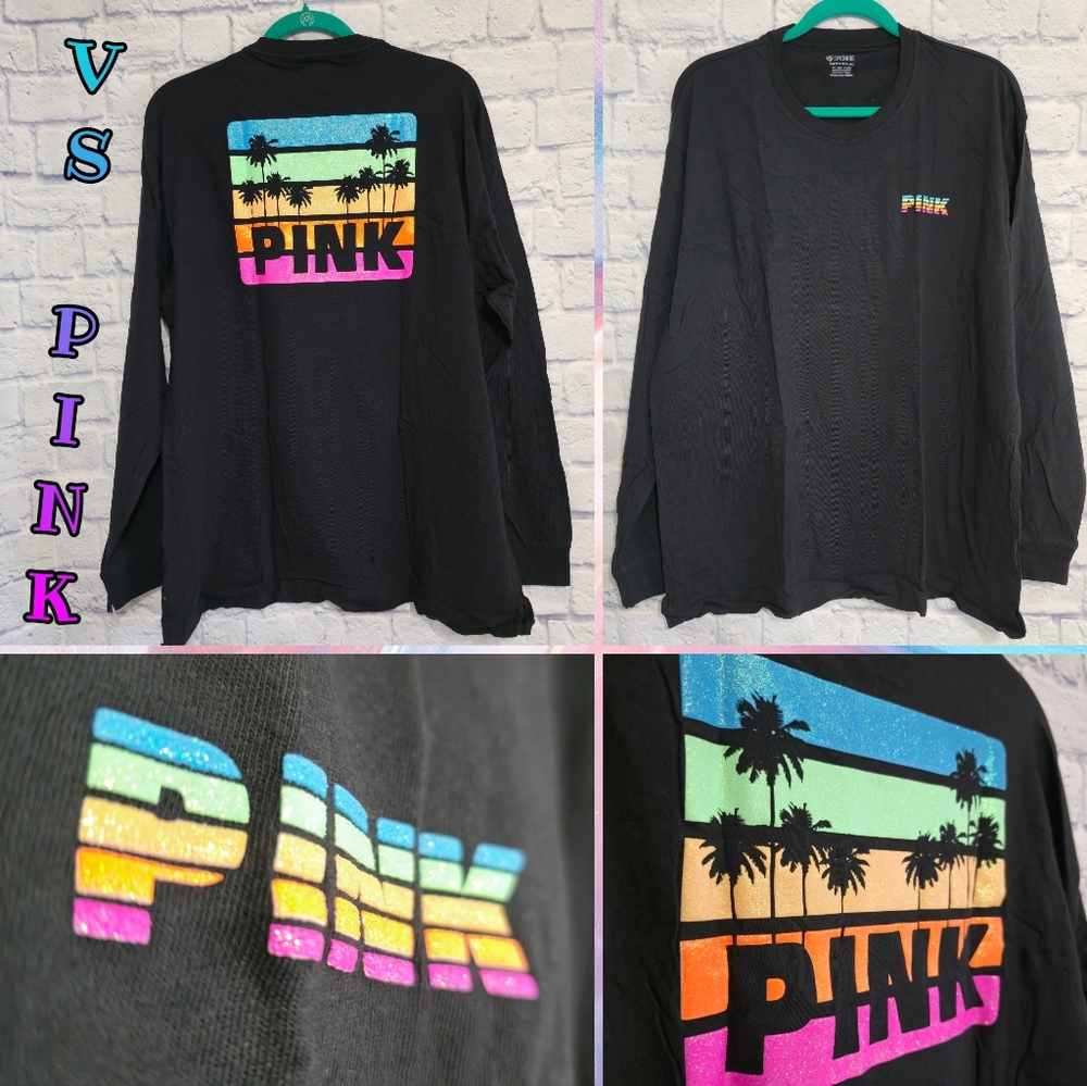 PINK Victoria's Secret Logo Shine Bling Glitter Rainbow Palm Trees Shirt XL New